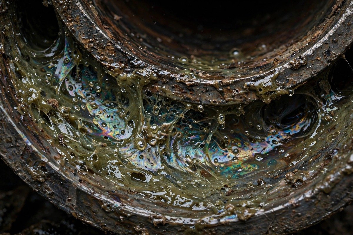 Close view of slimy biofilm on the inside of a water pipe