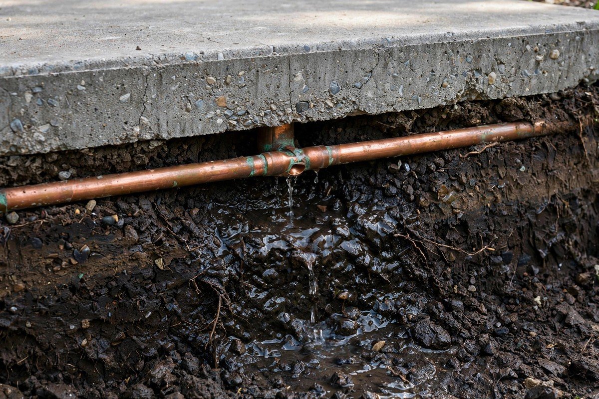 Cross-section of a home slab showing a water line leaking under the concrete