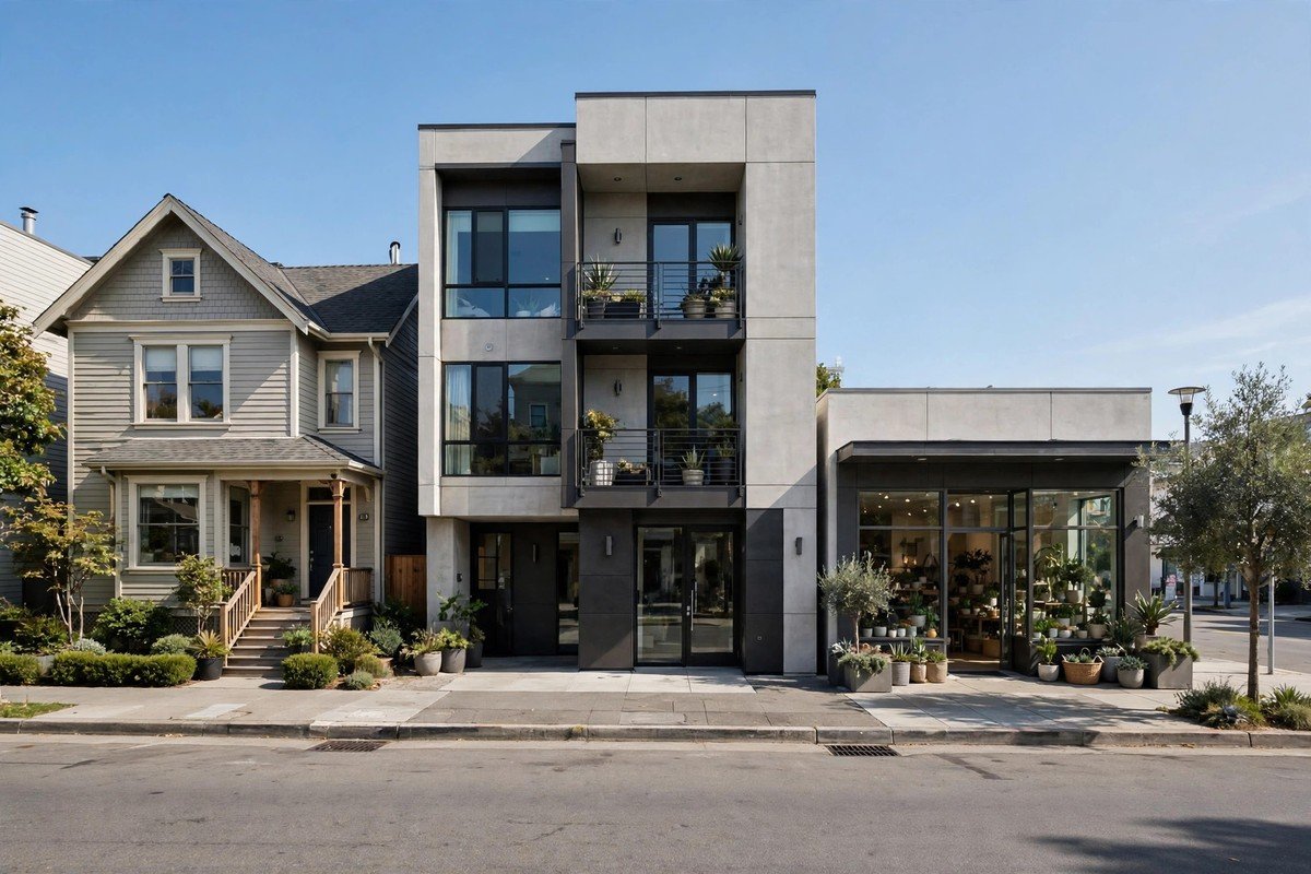 Single-family home, condo building, and storefront showing the property types we serve