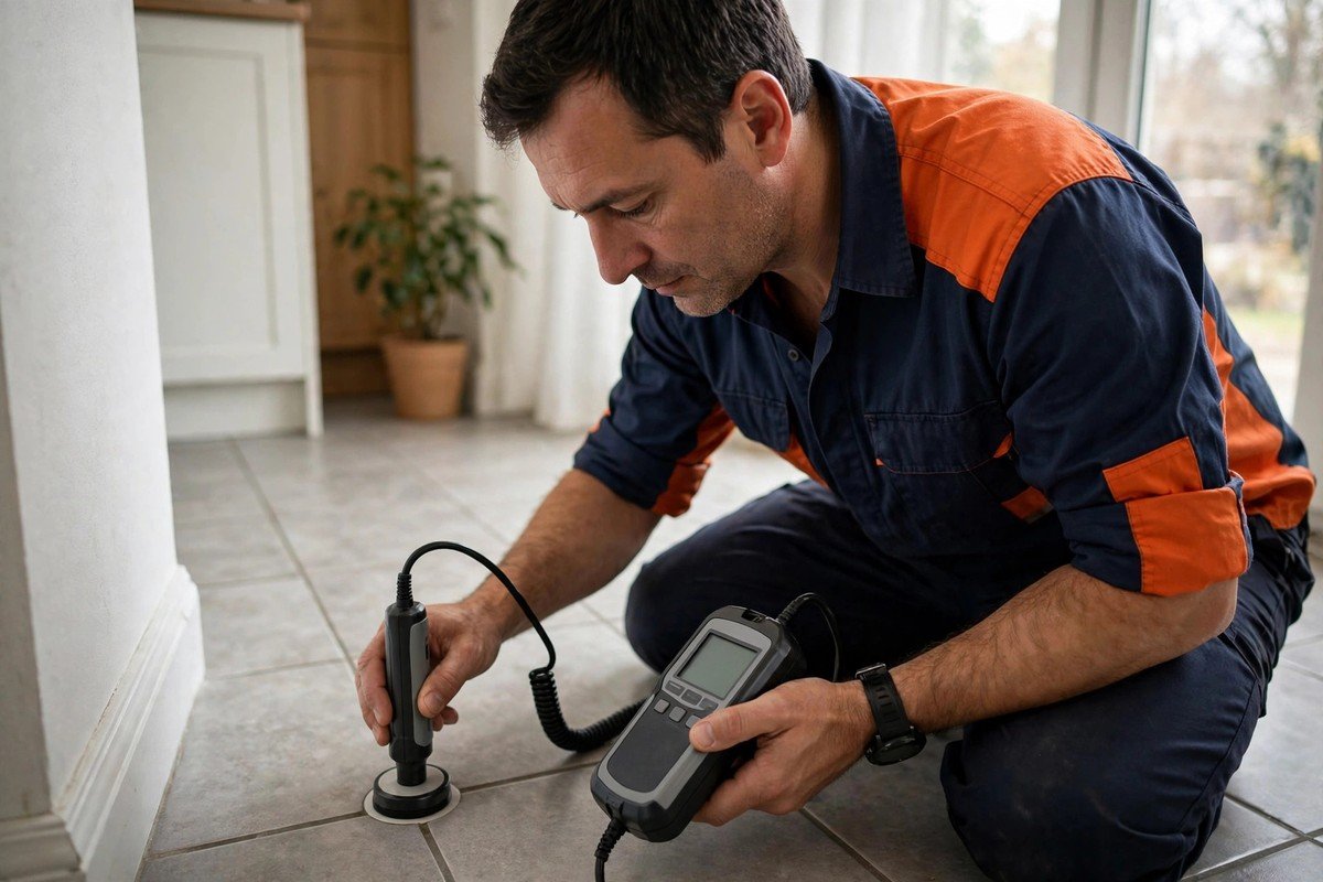 Our technician using electronic leak detection equipment on a tile floor
