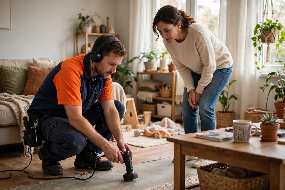 Technician scanning a slab floor with acoustic gear while the homeowner watches