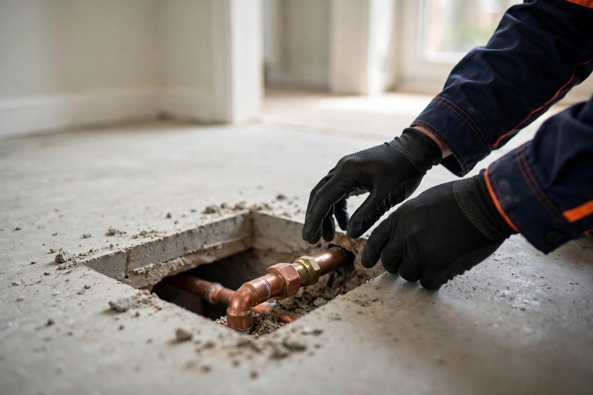 Small precise floor opening made for a slab leak spot repair