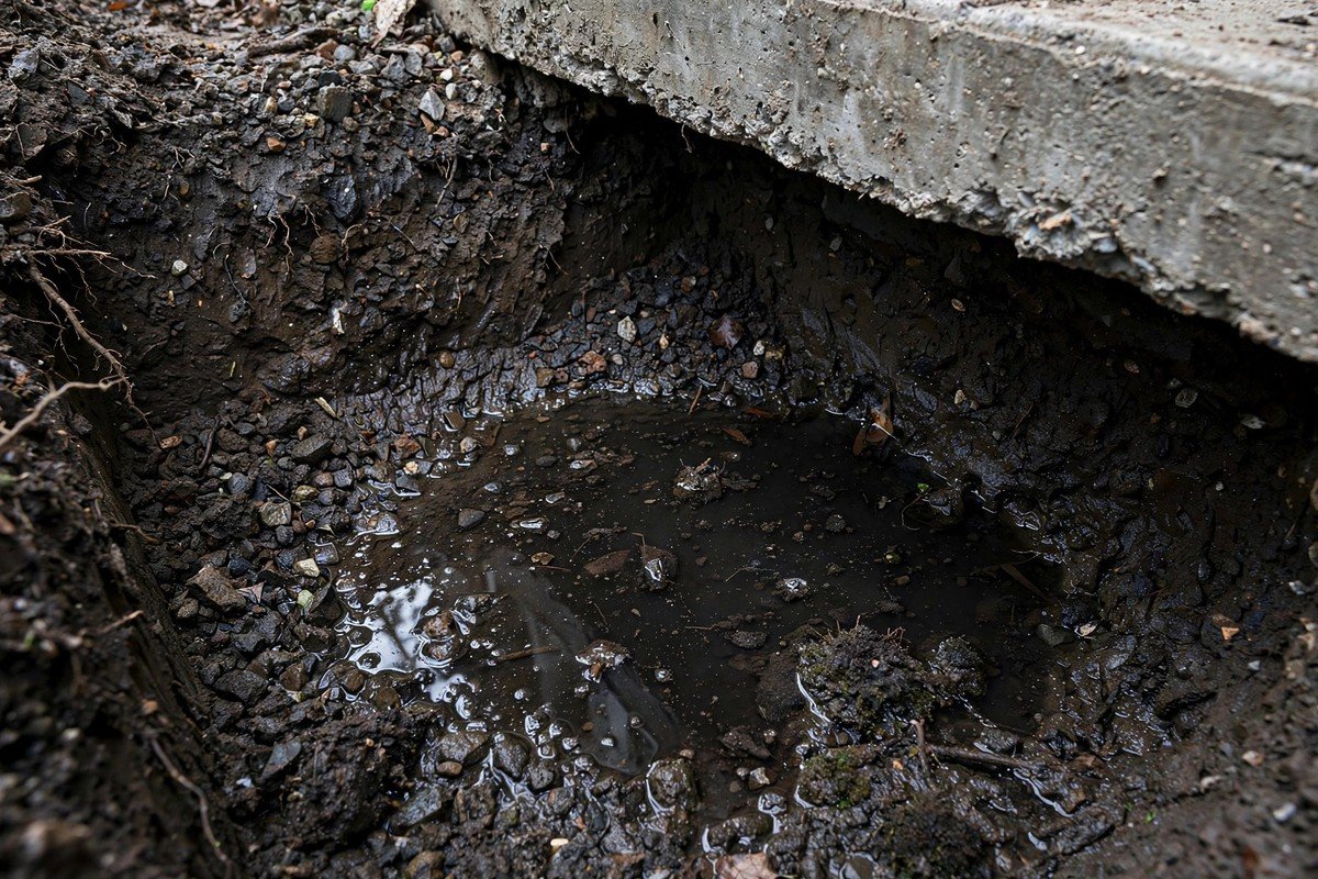 Dark stagnant water pooled in soil under a home slab