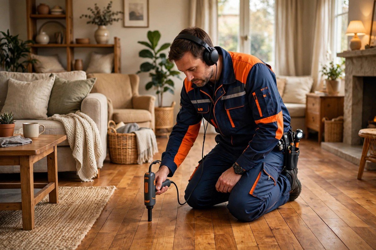 Our technician using listening gear to find a slab leak under a floor