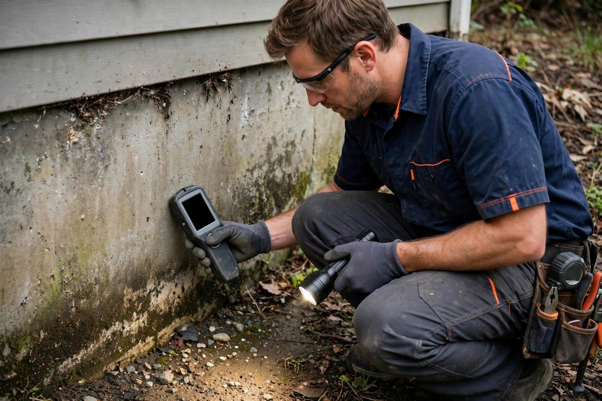 Our technician checking a foundation for moisture problems