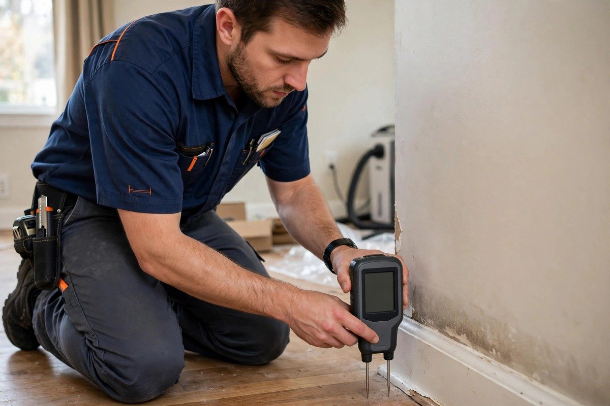 Our technician checking a wall with a moisture meter for hidden mold risk