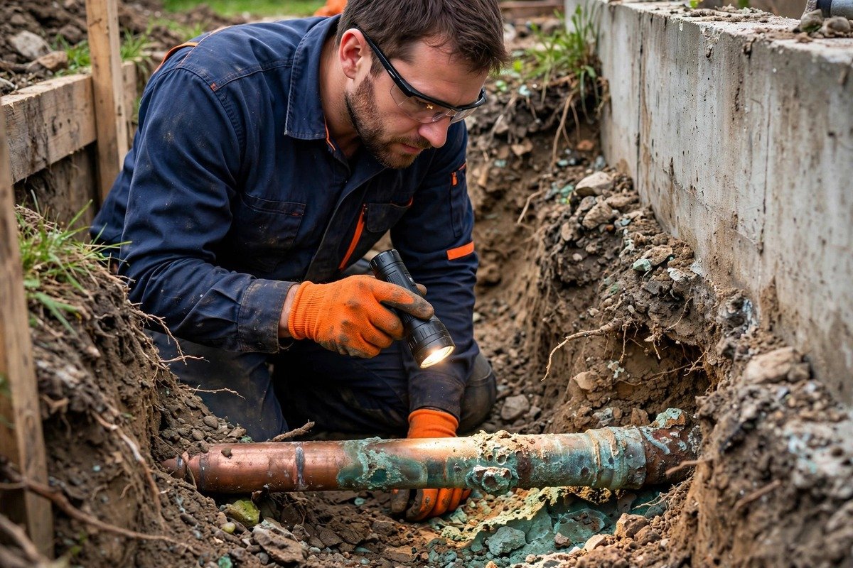 Our technician inspecting an exposed pipe for corrosion damage