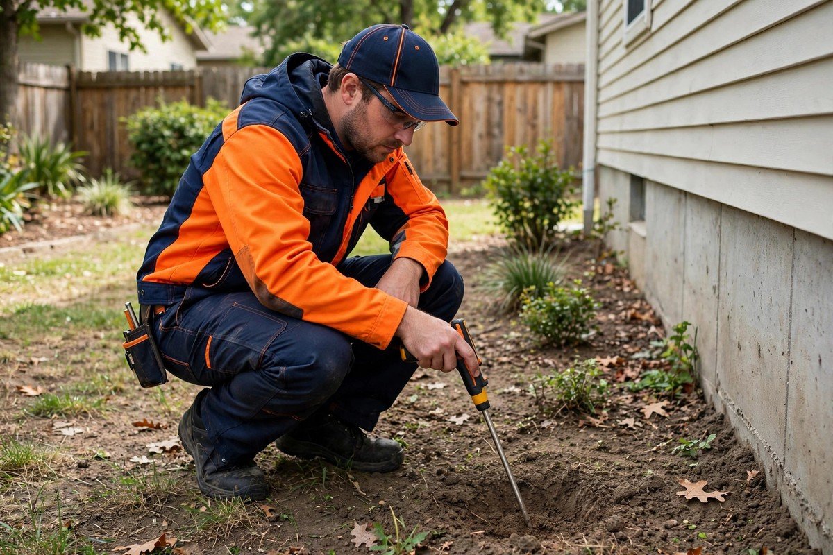 Our technician checking soil moisture around a home foundation