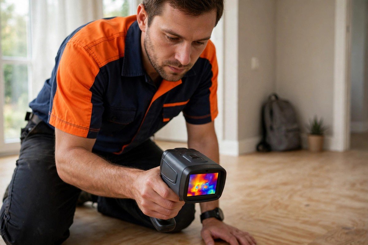 Our technician scanning a floor with a thermal camera for hidden moisture