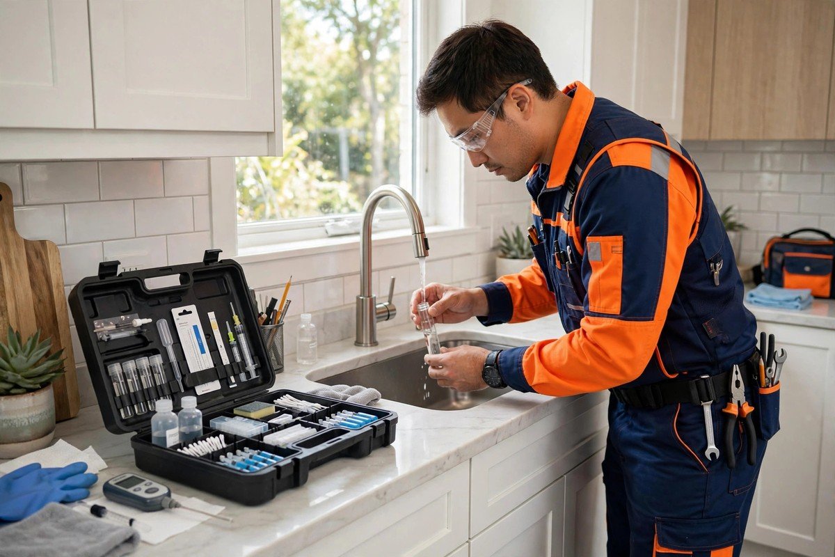 Our technician testing water during a slab leak visit