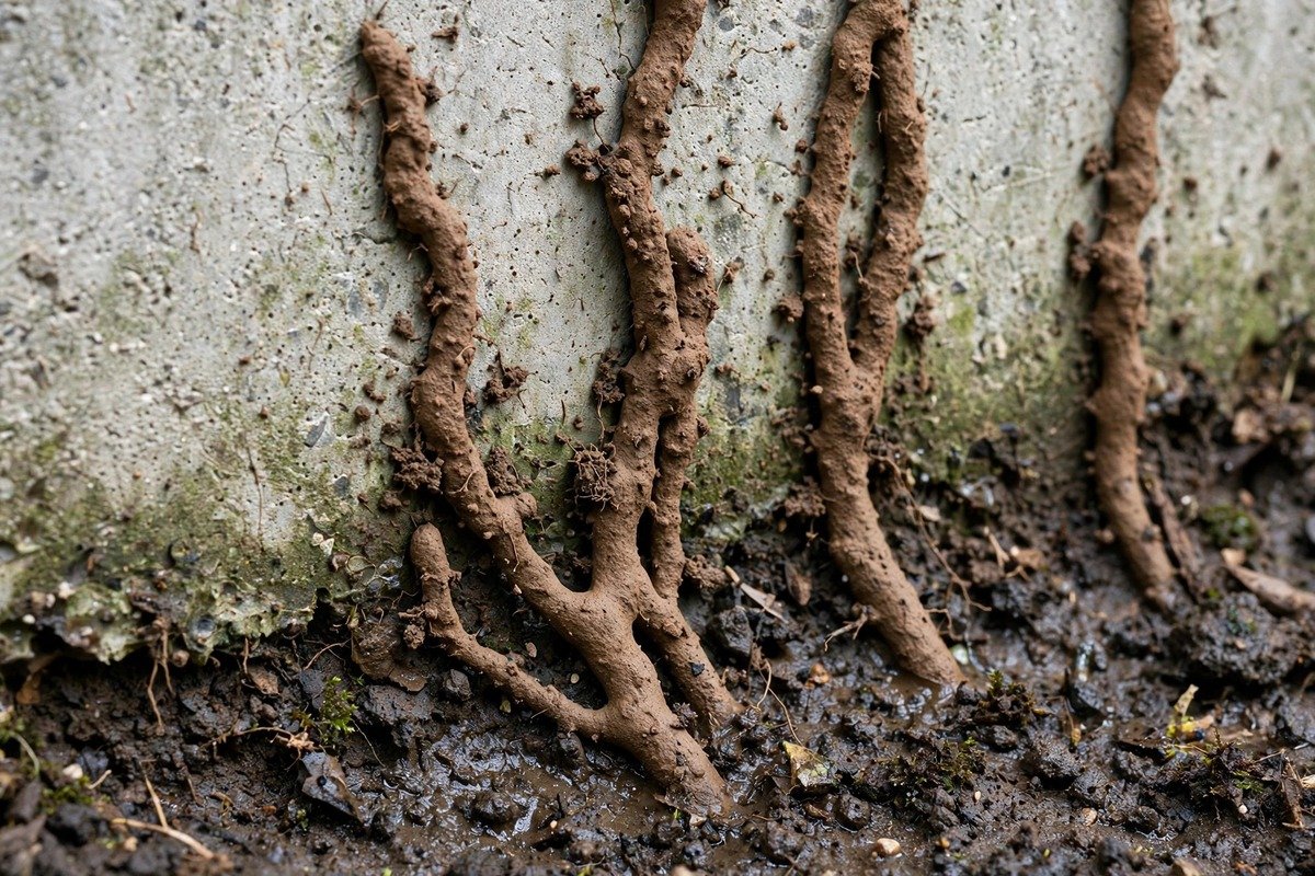 Termite mud tubes on a foundation wall near damp soil