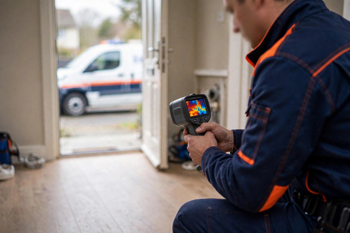 Technician scanning a floor with a thermal imaging camera during leak detection
