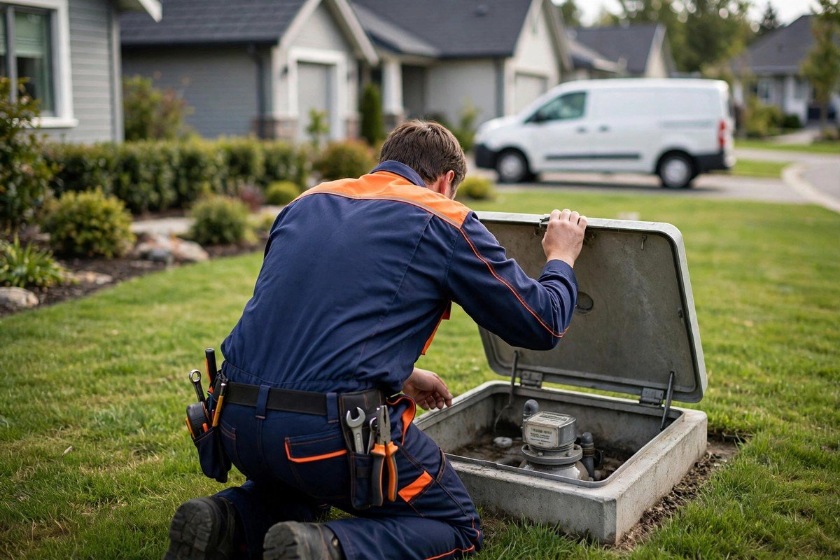 Technician checking a water meter for signs of a hidden leak