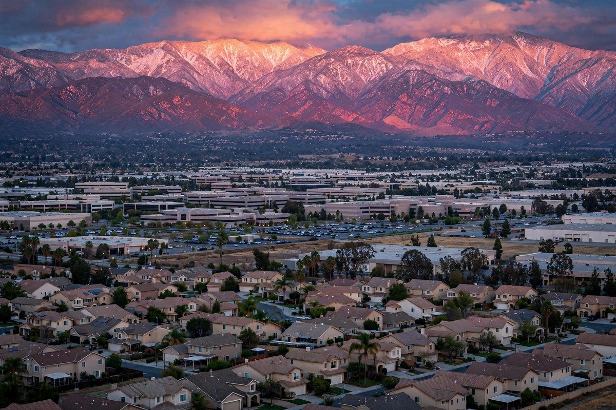 Skyline and neighborhoods of Ontario, California