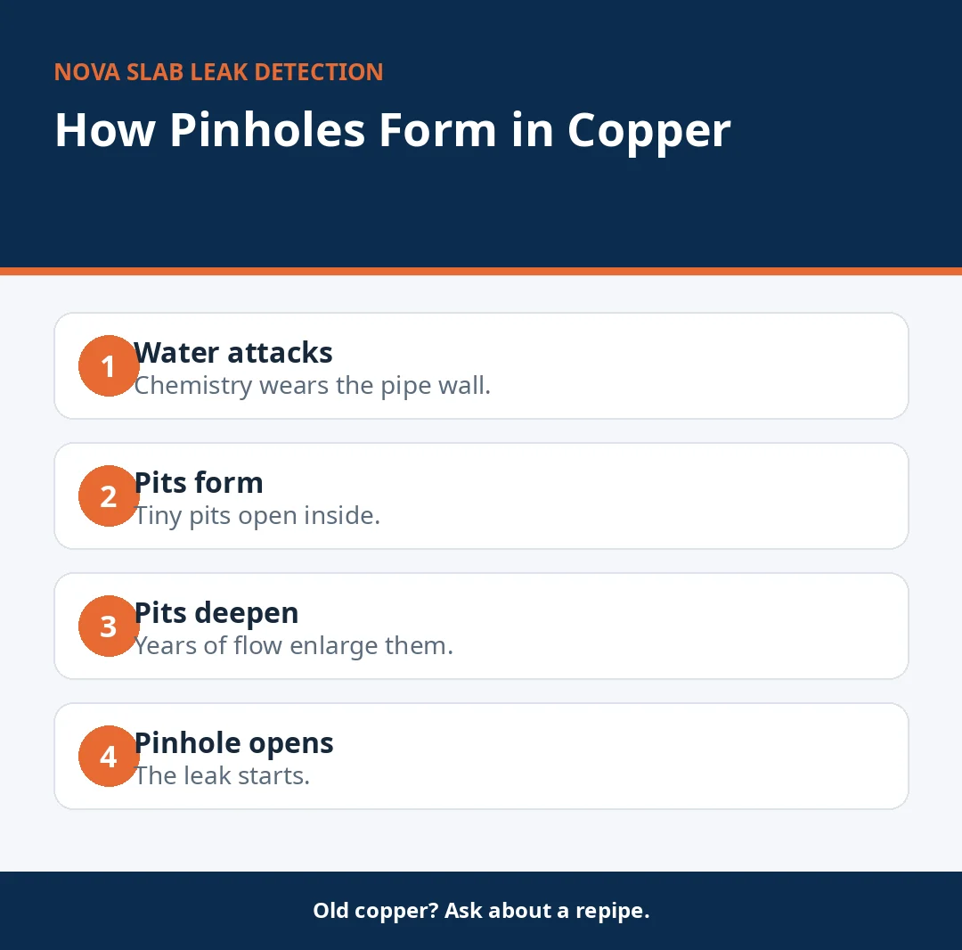 Diagram of four stages of pinhole leaks forming in copper pipes