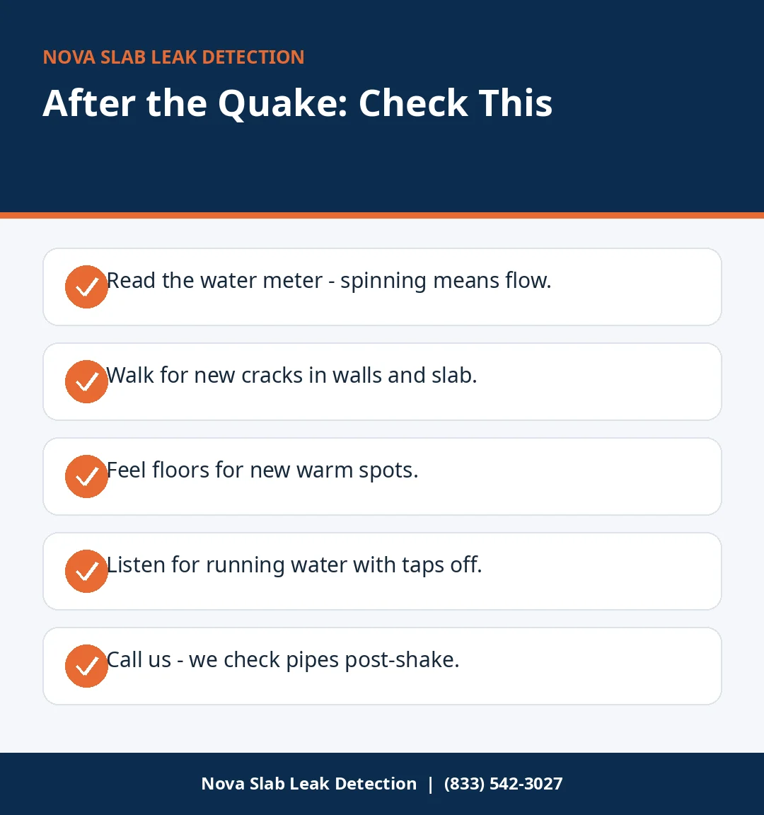 Checklist infographic for checking a home for slab leaks after an earthquake