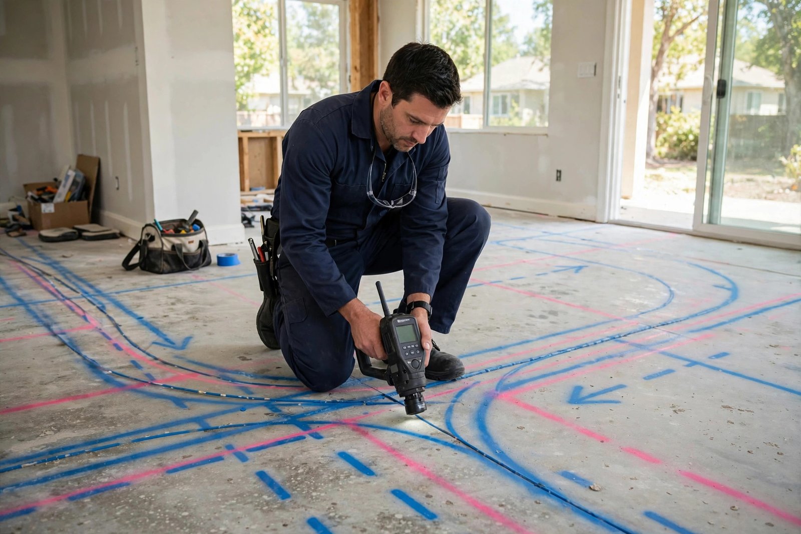Technician locating post tension cables in a slab before starting post tension slab repair work