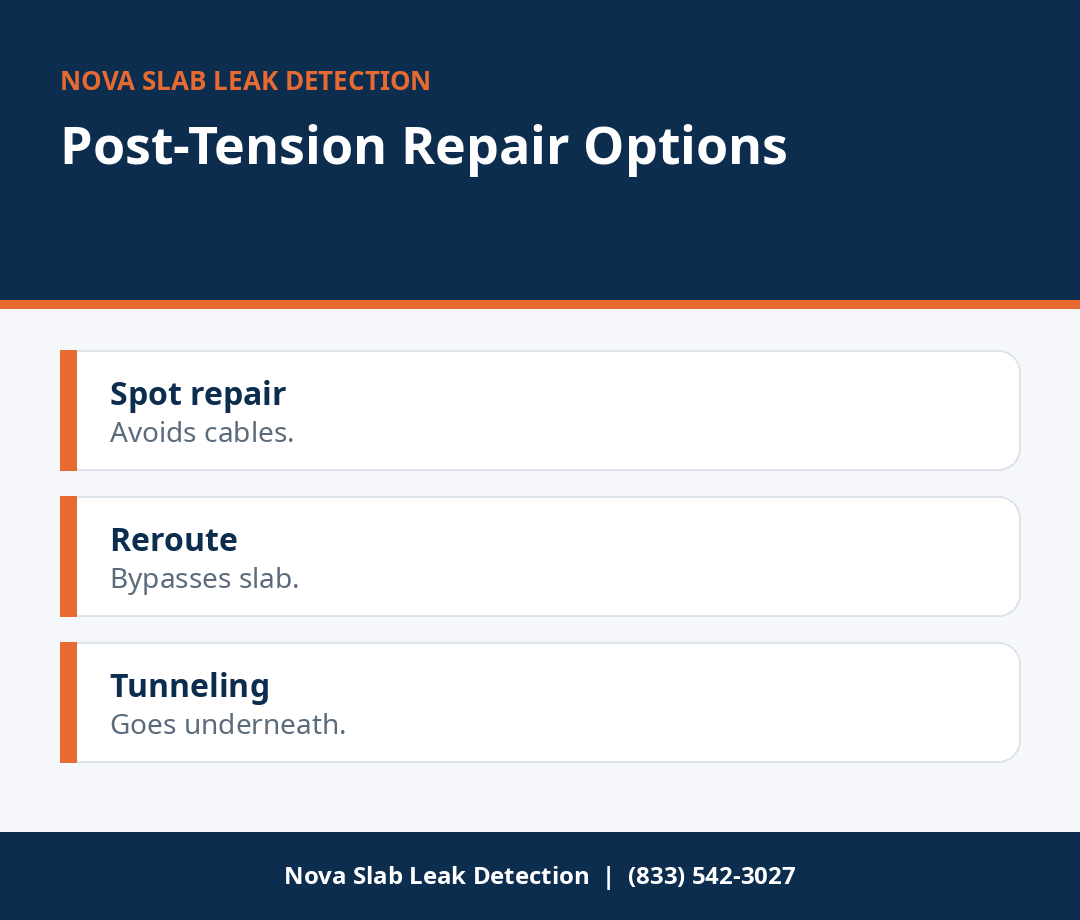 Infographic comparing spot repair, reroute, and tunneling for post tension slab leaks