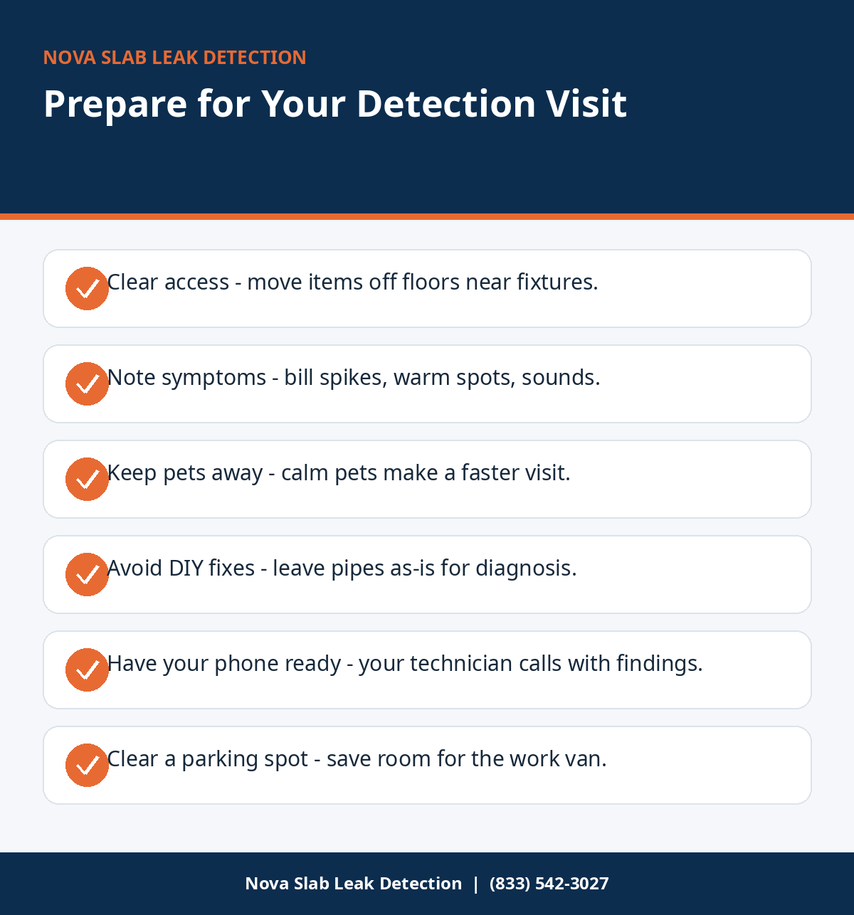 Infographic checklist for how to prepare for a leak detection visit
