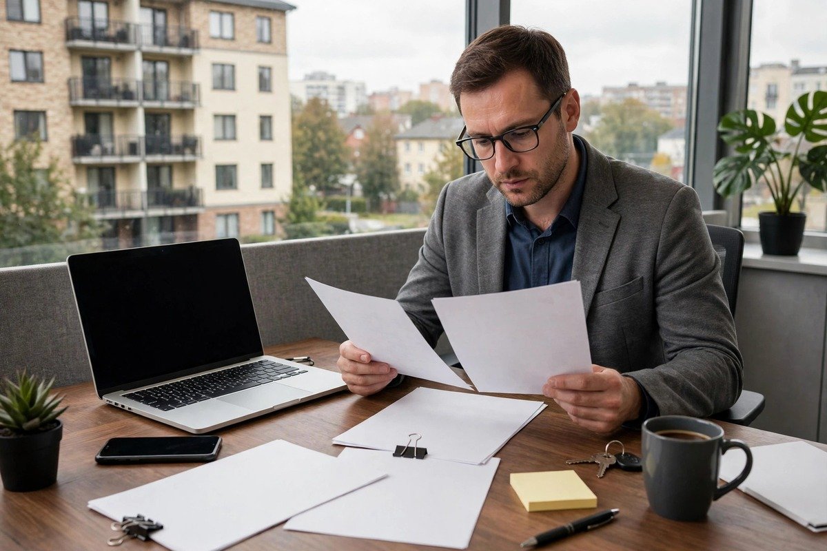 Property manager reviewing a tenant maintenance report about a suspected slab leak