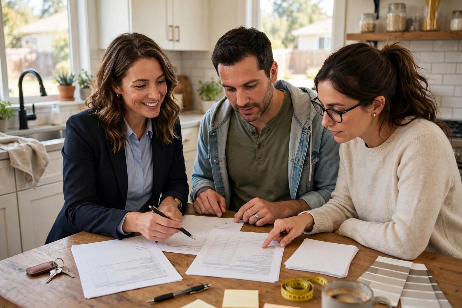Realtor and buyer reviewing paperwork about who pays for slab leak repair buyer or seller