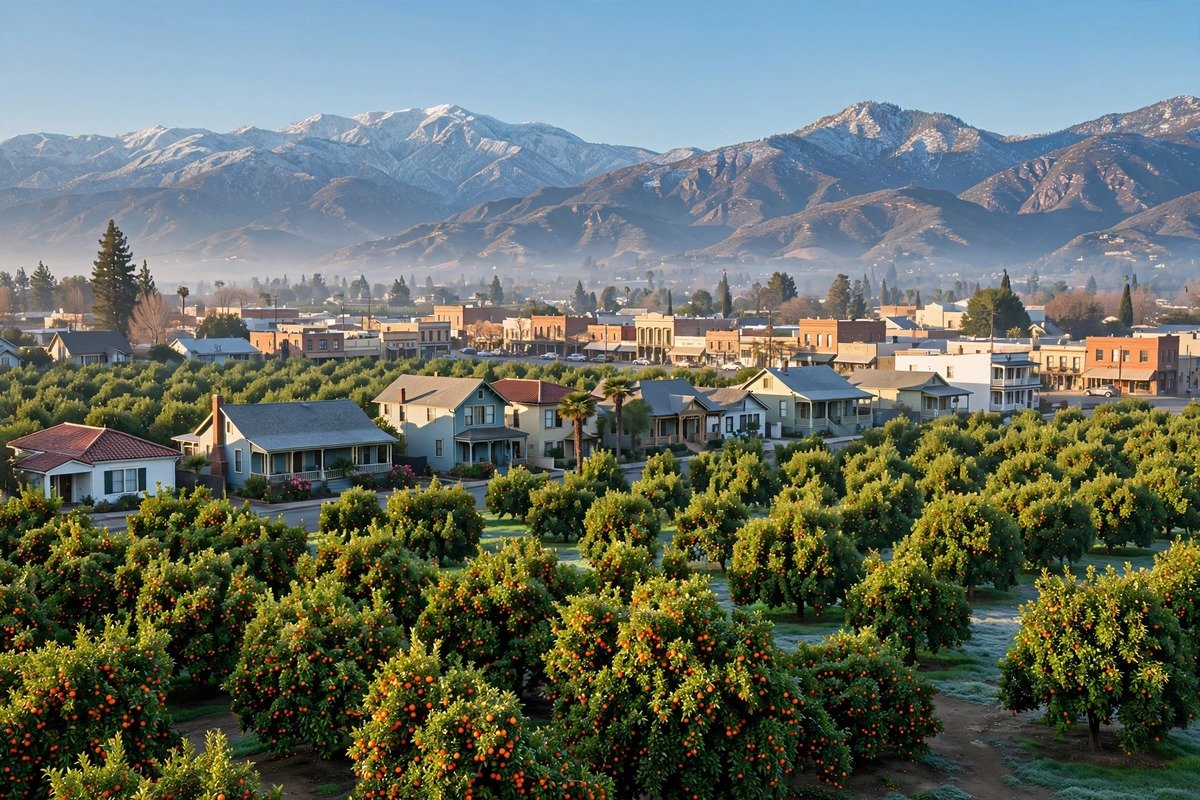 Skyline and neighborhoods of Redlands, California