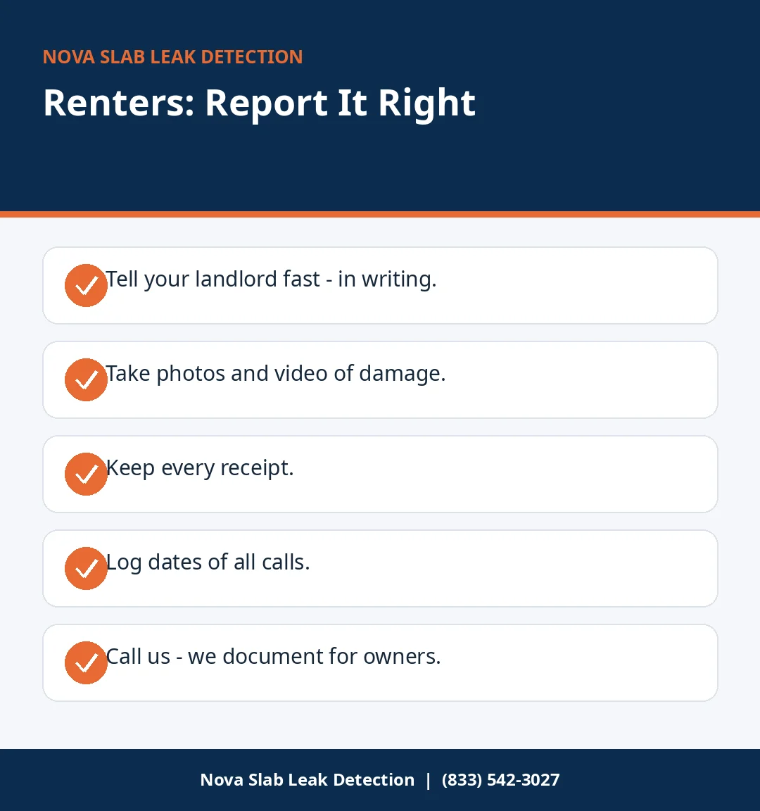 Checklist infographic for renters reporting a slab leak to a landlord