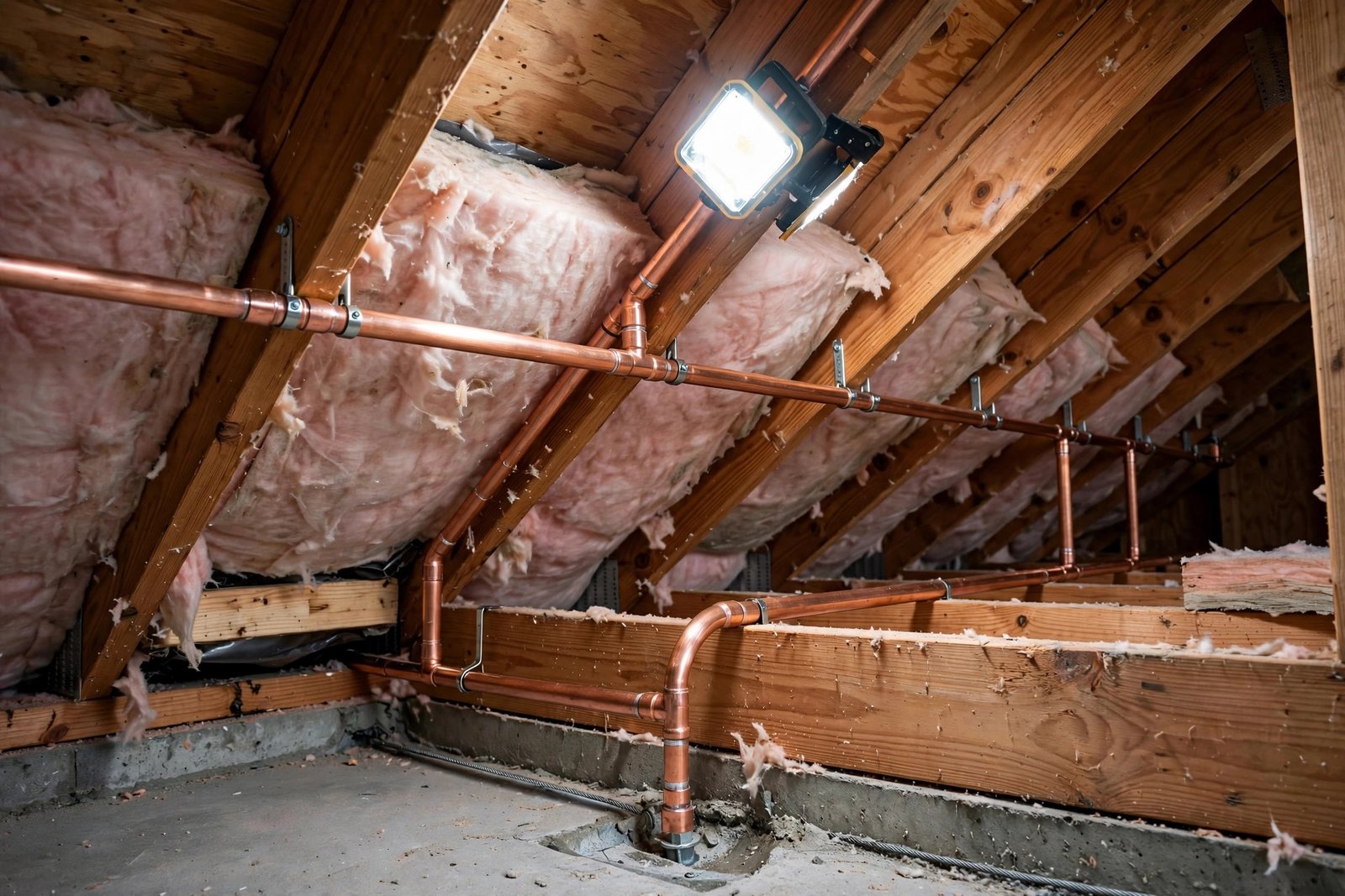 New reroute pipe installed through an attic to bypass a leak under a post tension slab