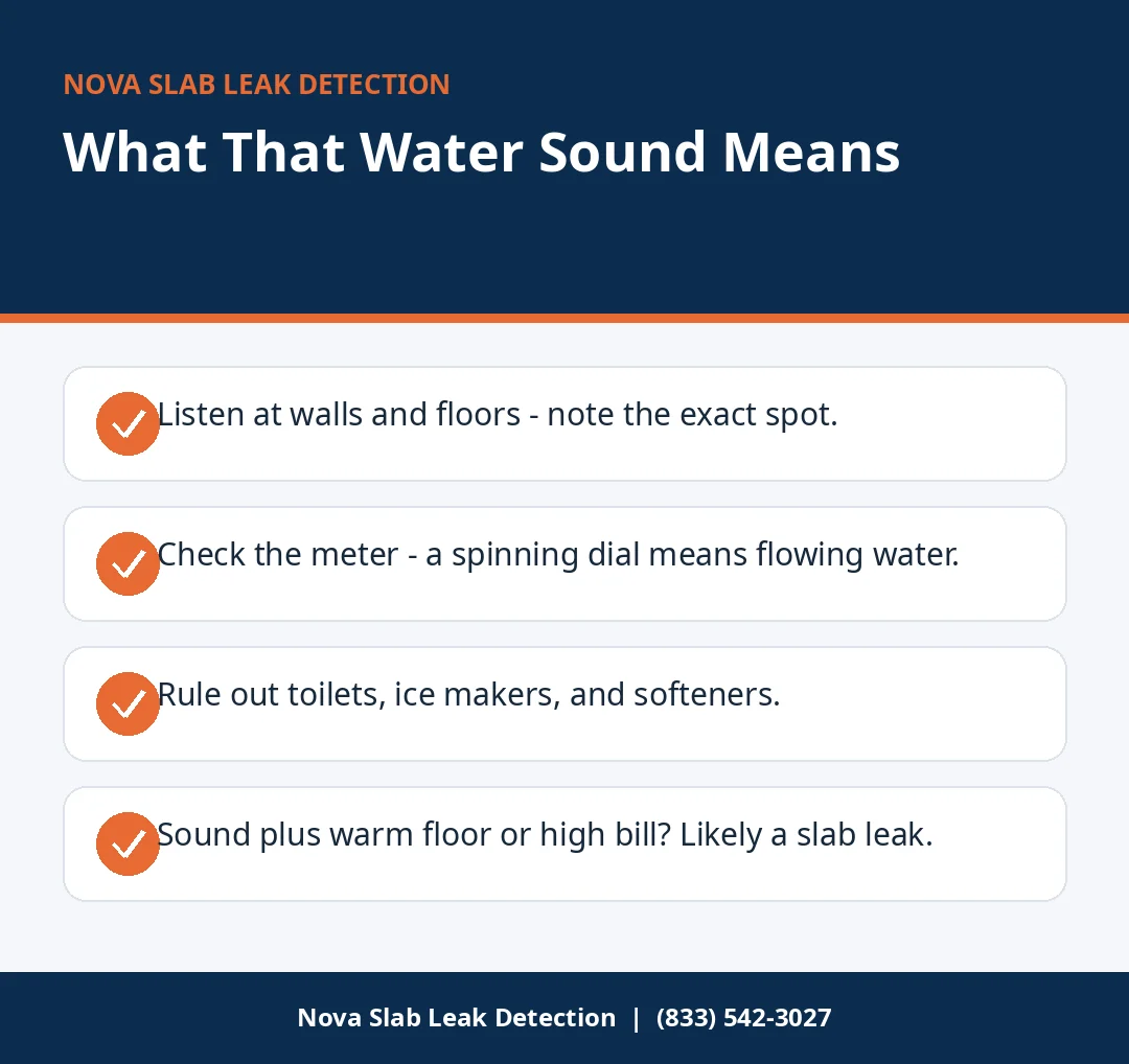 Infographic checklist for tracing a running water sound when taps are off