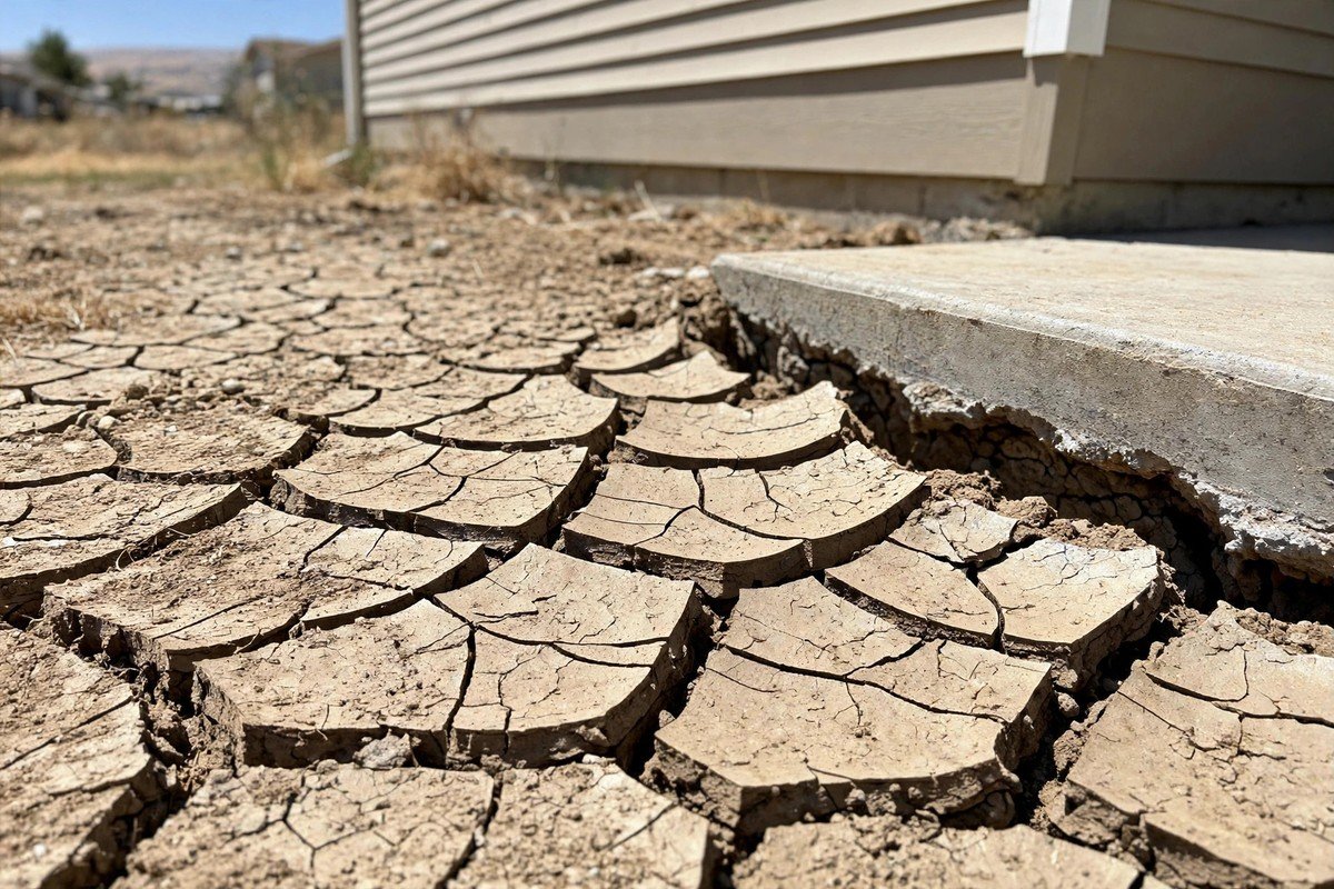 Cracked dry soil near a home foundation showing summer drought slab leak risk