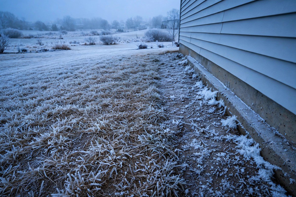 Frost on ground by a foundation where winter freeze can stress slab pipes