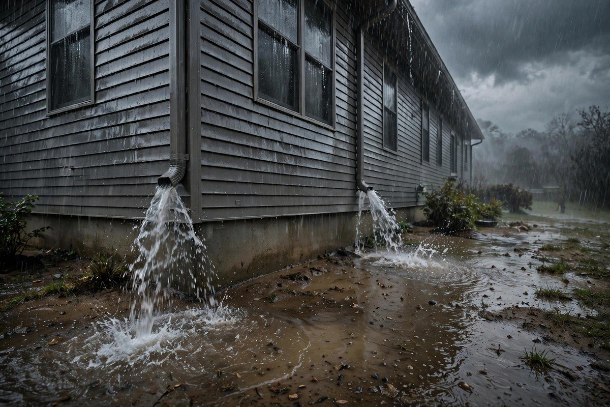 Heavy rain pooling against a foundation during hurricane season slab leak risk
