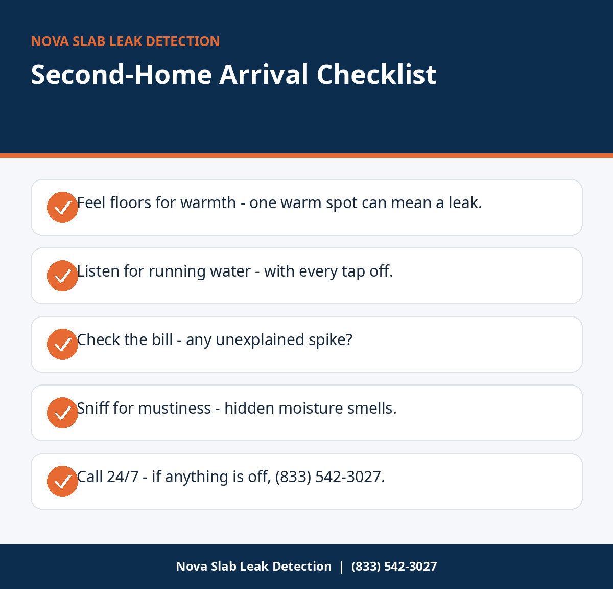 Arrival inspection checklist for second home owners checking for slab leaks