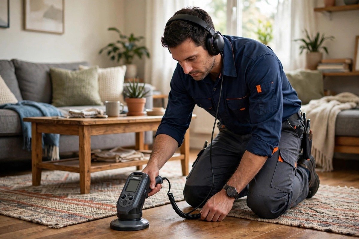 Our technician running acoustic detection gear in a lived-in living room