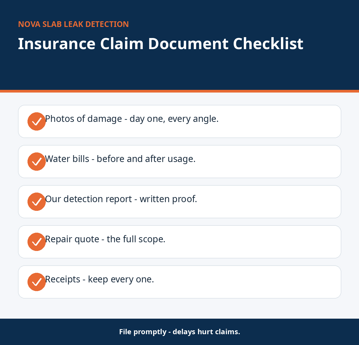 Checklist of documents to gather for a slab leak insurance claim