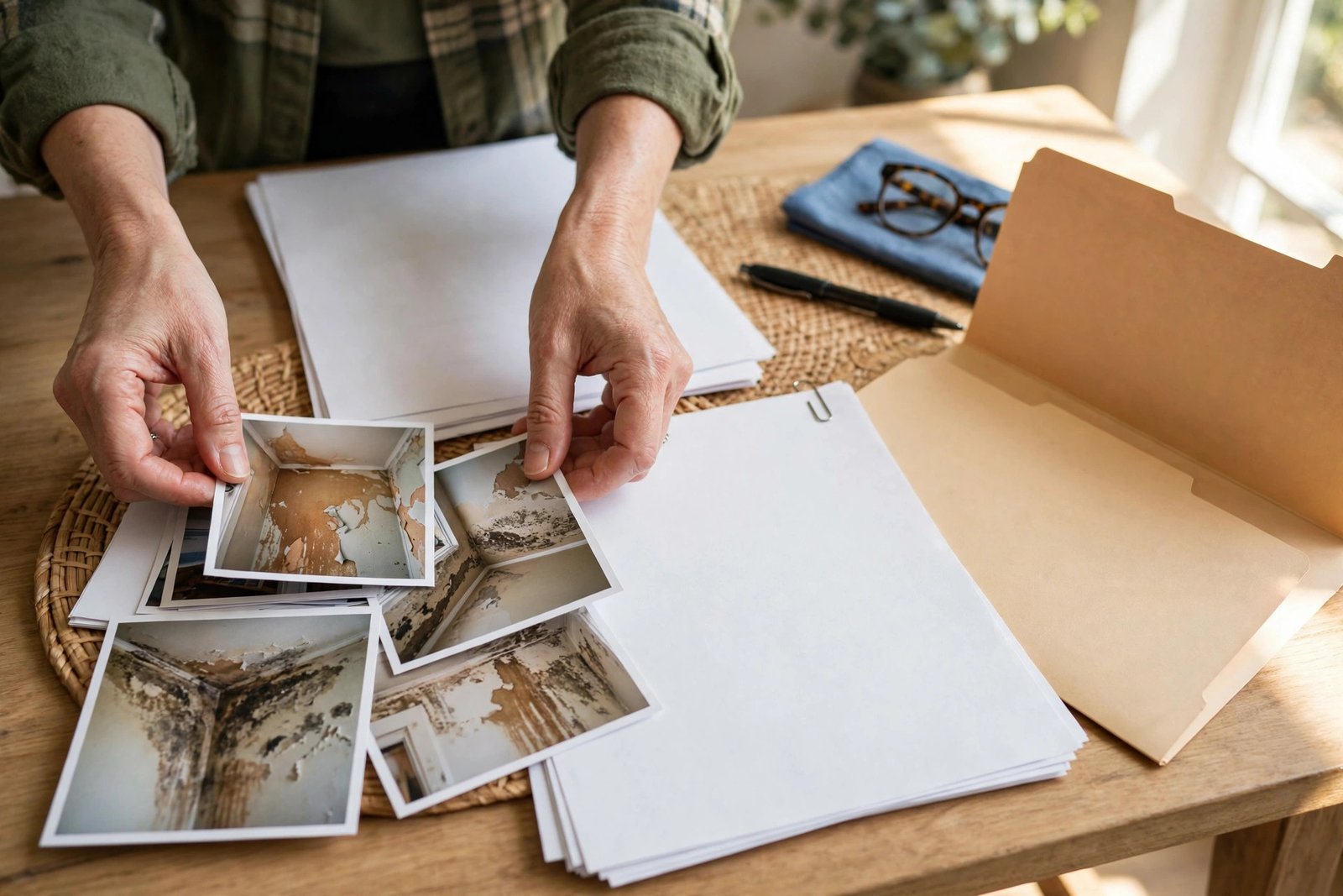 Photos and paperwork a homeowner gathers to support a slab leak insurance claim