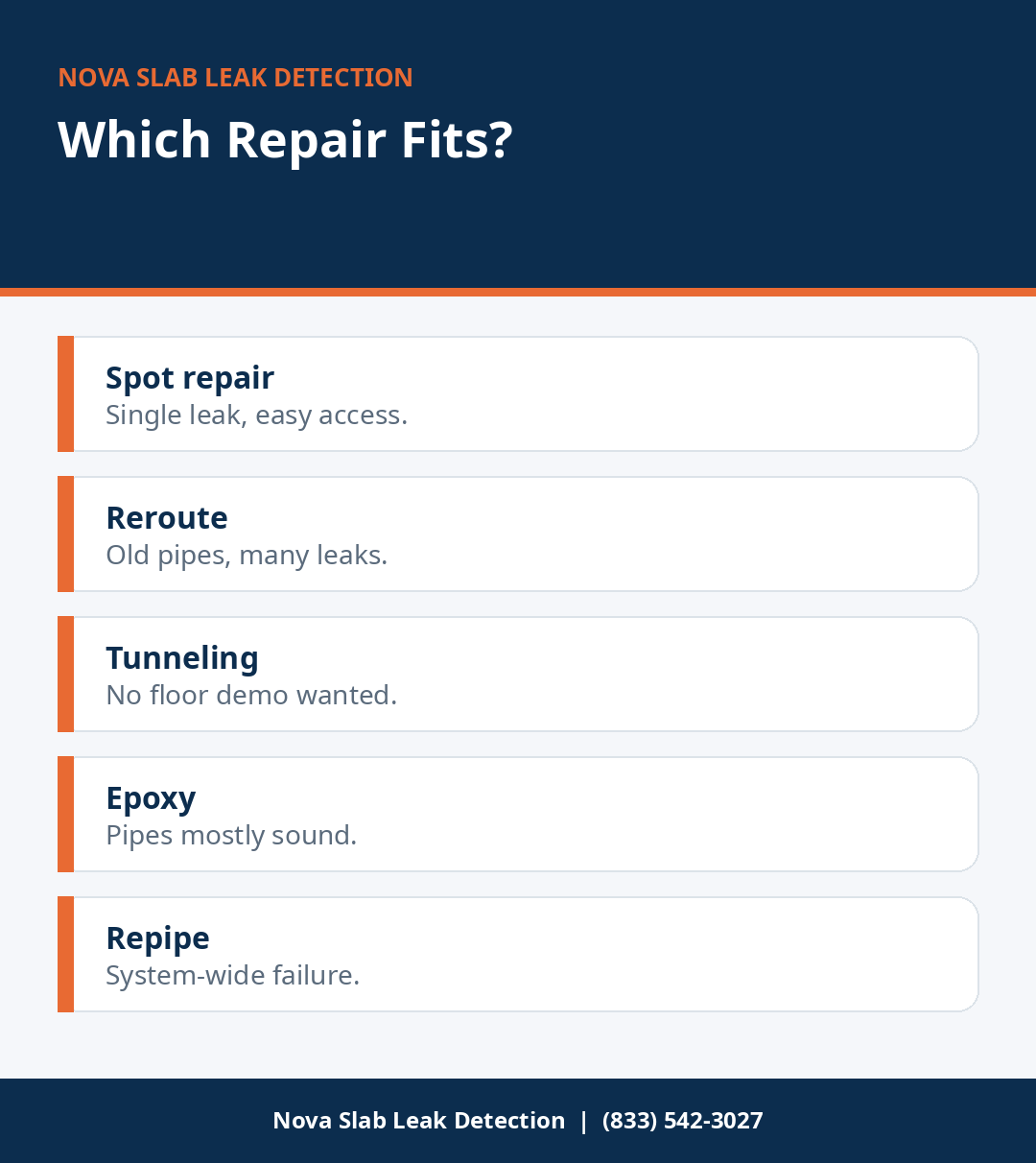 Chart comparing five slab leak repair options with 2026 national price ranges