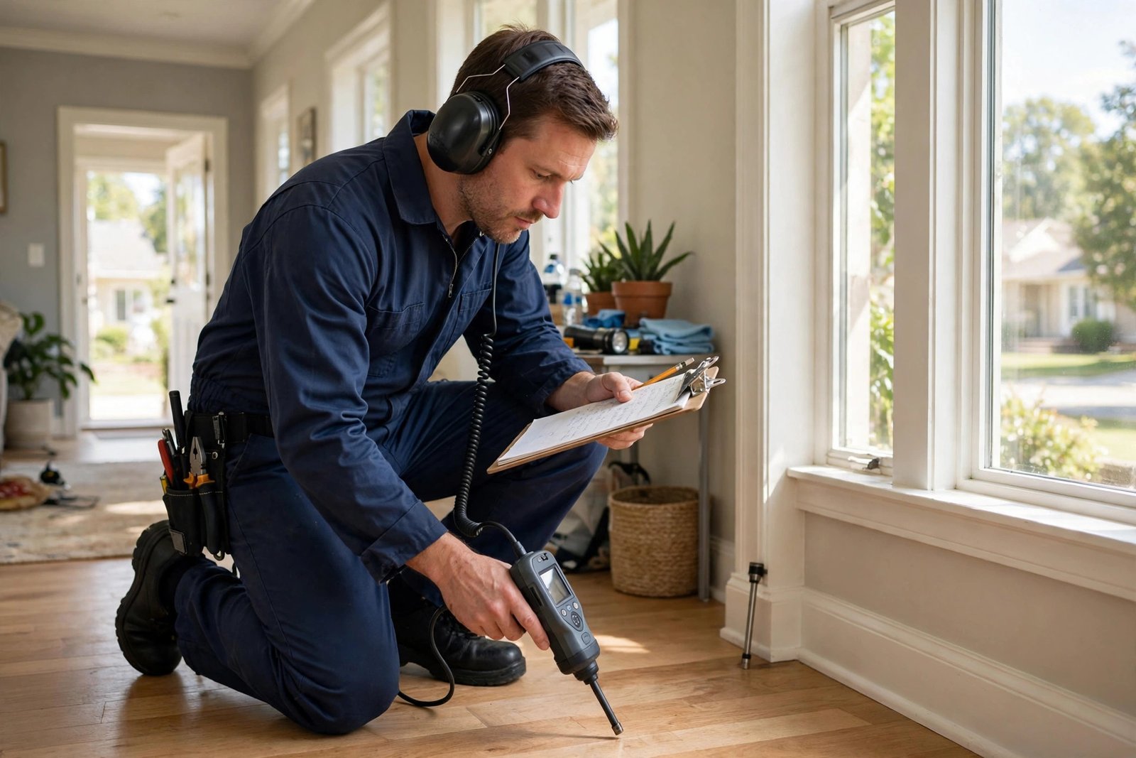 Technician locating a leak to give an accurate slab leak repair cost estimate