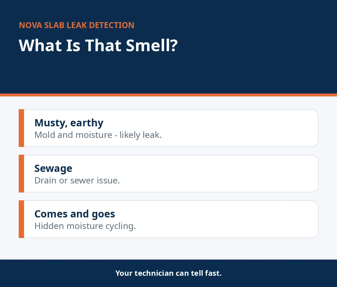 Infographic decoding musty, sewage and intermittent smells from a slab leak