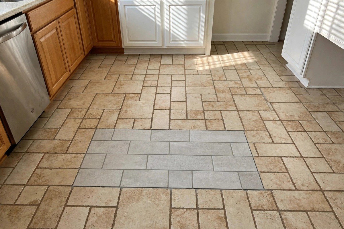 Repaired floor patch after a clean slab leak spot repair by our technicians