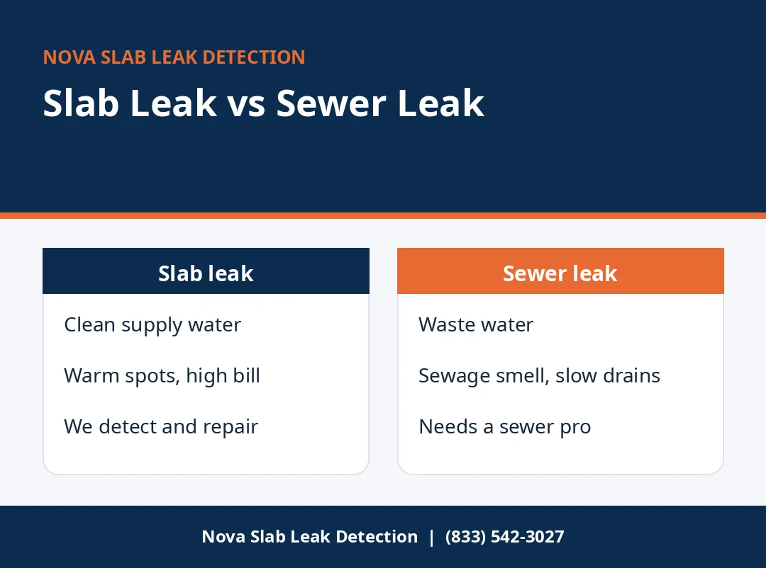 Chart comparing slab leak and sewer leak signs