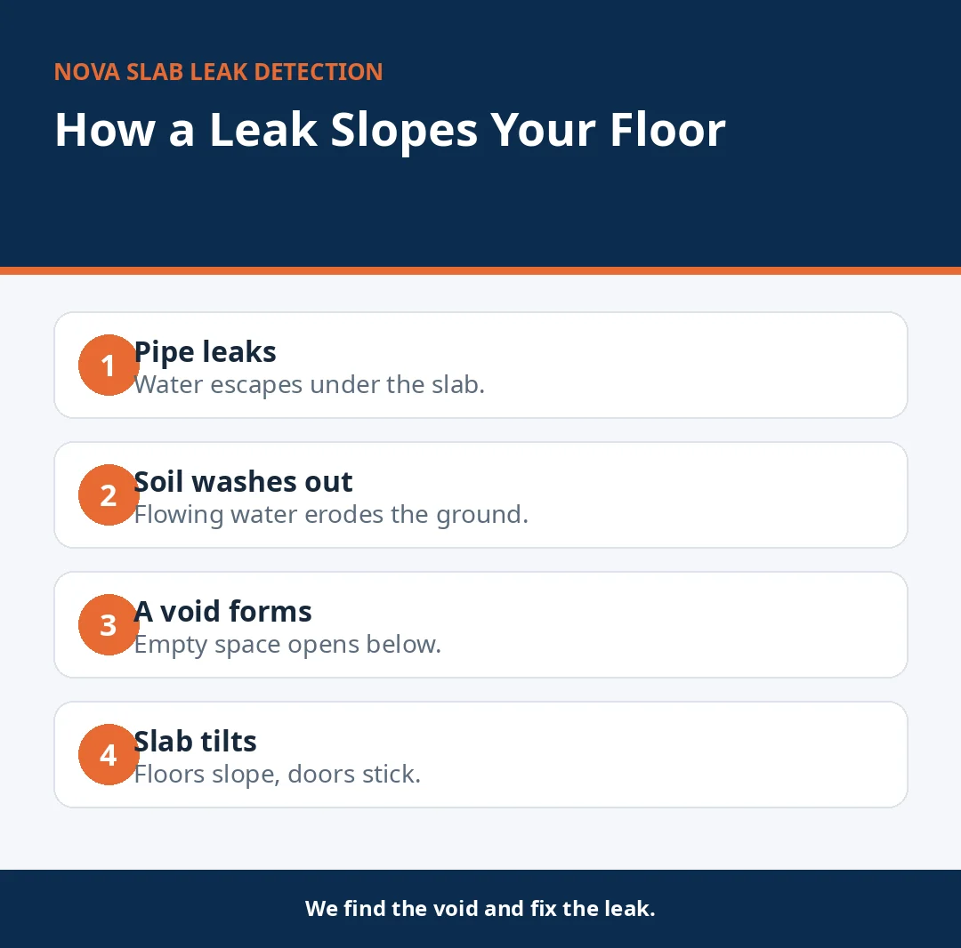 Infographic showing how a slab leak washes out soil and slopes a floor