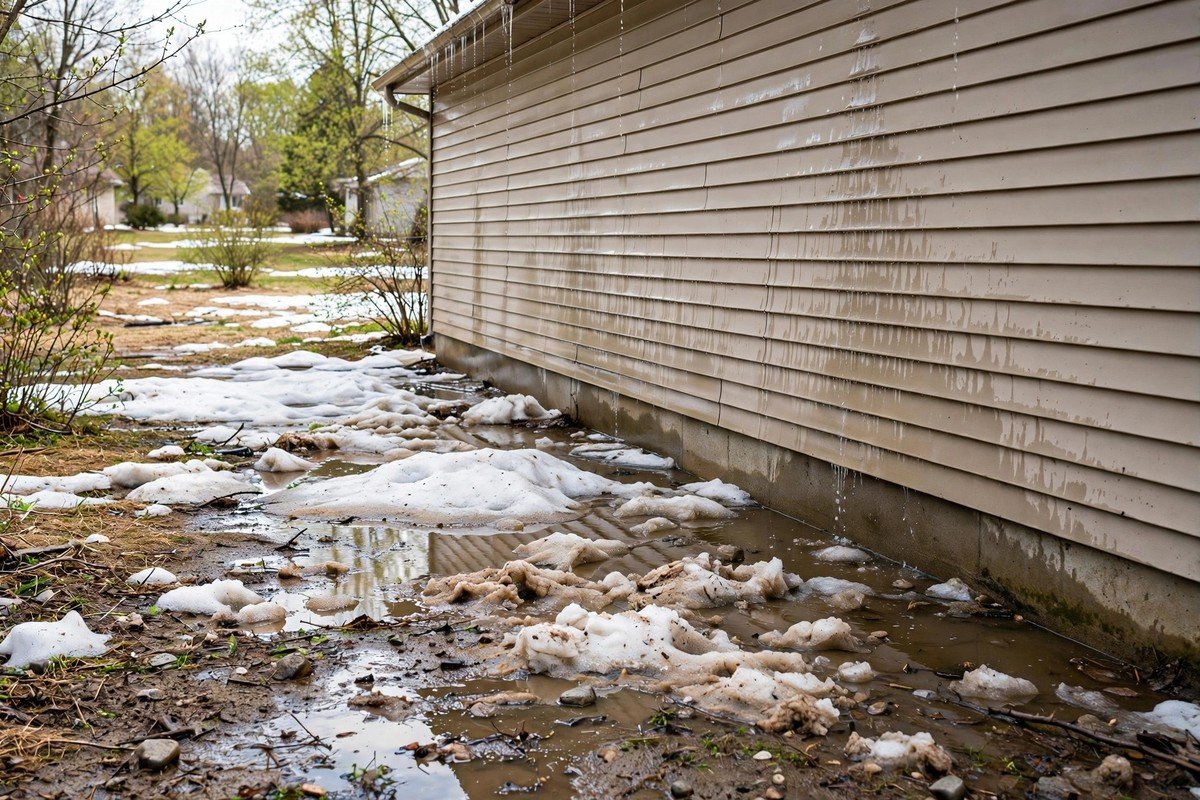 Melting snow pooling around a home foundation during the spring thaw
