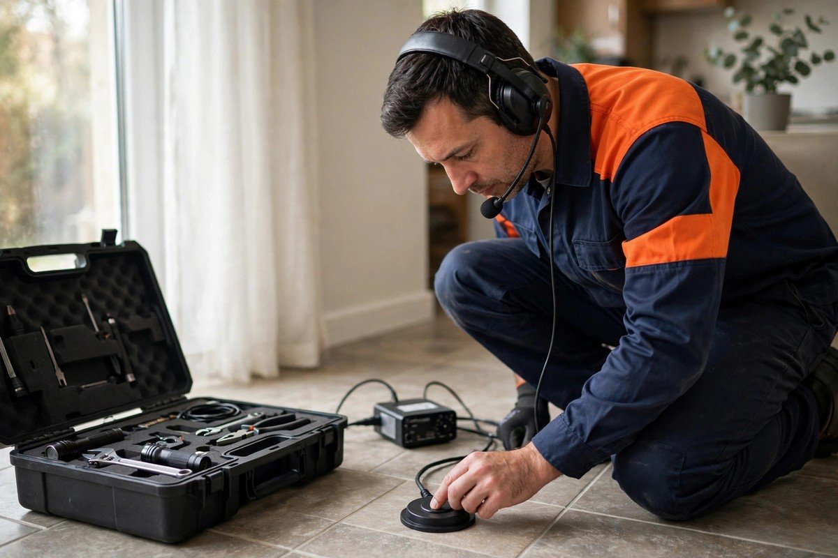 Technician performing step-by-step slab leak detection with acoustic listening equipment