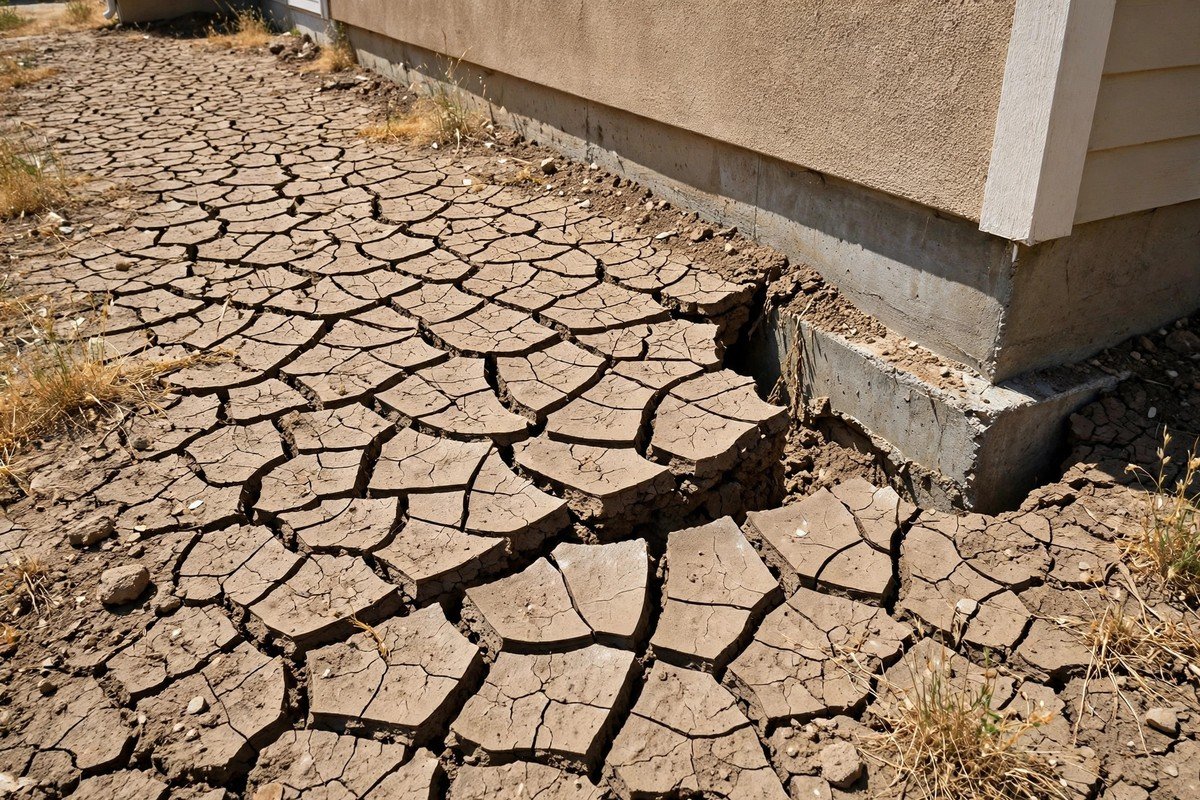 Deep cracks in dry clay soil pulling away from a home foundation in summer
