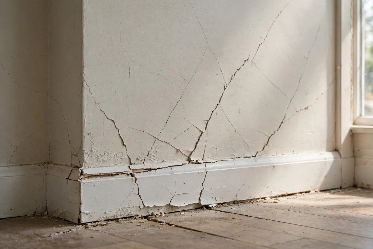 Hairline cracks in a home wall caused by drought soil movement under the slab