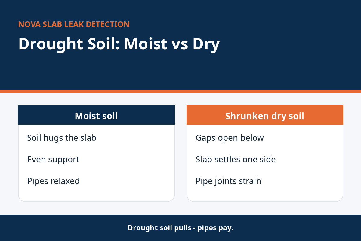Diagram showing how shrinking drought soil pulls away from a slab and strains pipes