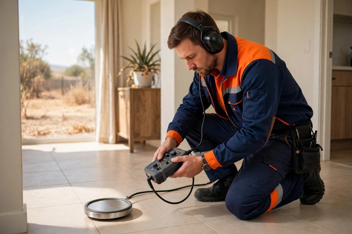 Our technician using acoustic gear to trace a summer drought slab leak