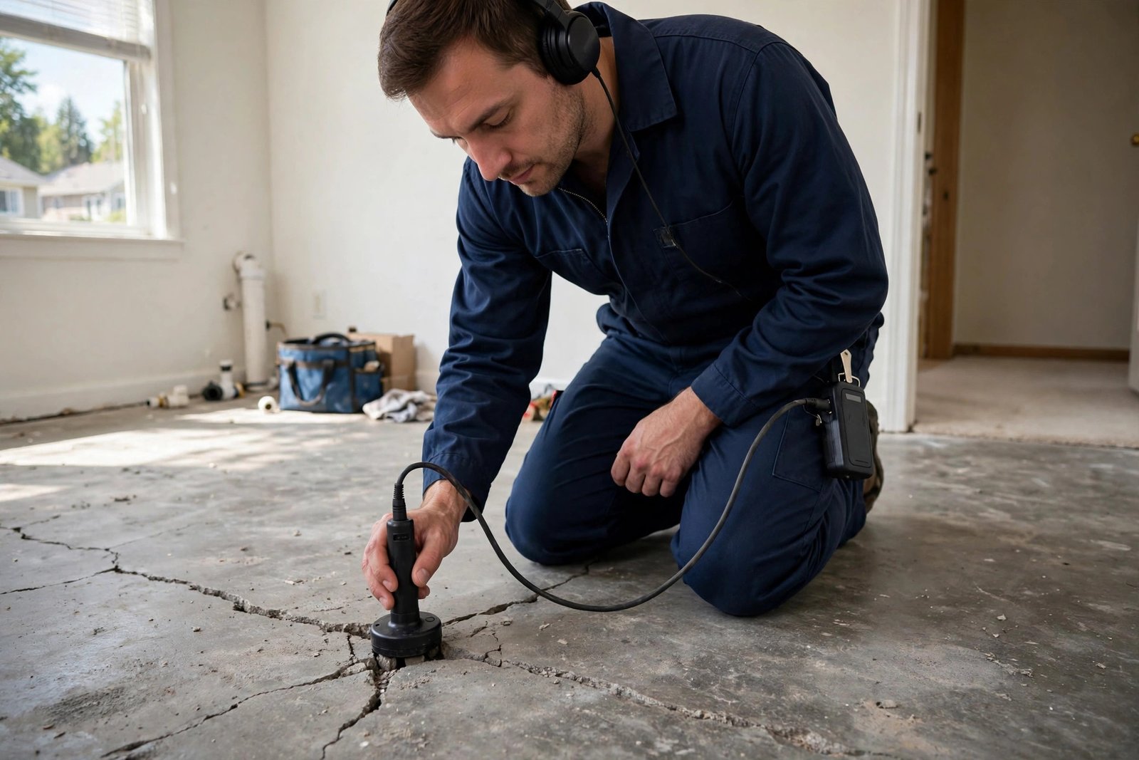 Nova technician pressing an acoustic listening device to a cracked concrete slab floor