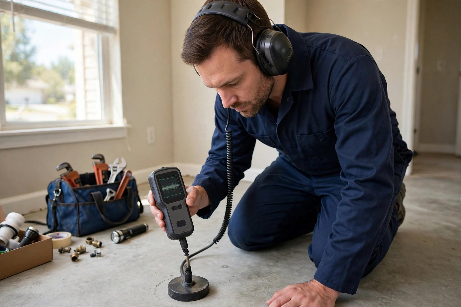 Our technician using acoustic listening gear to find a slab leak under concrete